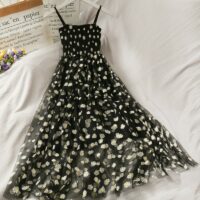 Sleeveless Daisy Dress With Mesh Layer Floral kawaii