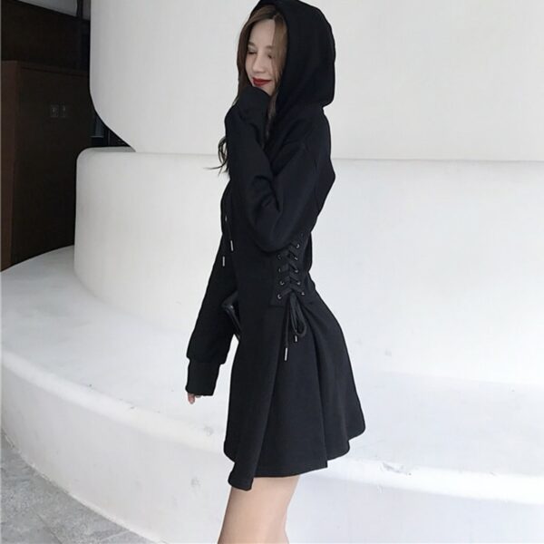 Corset Waist Hooded Dress Black kawaii