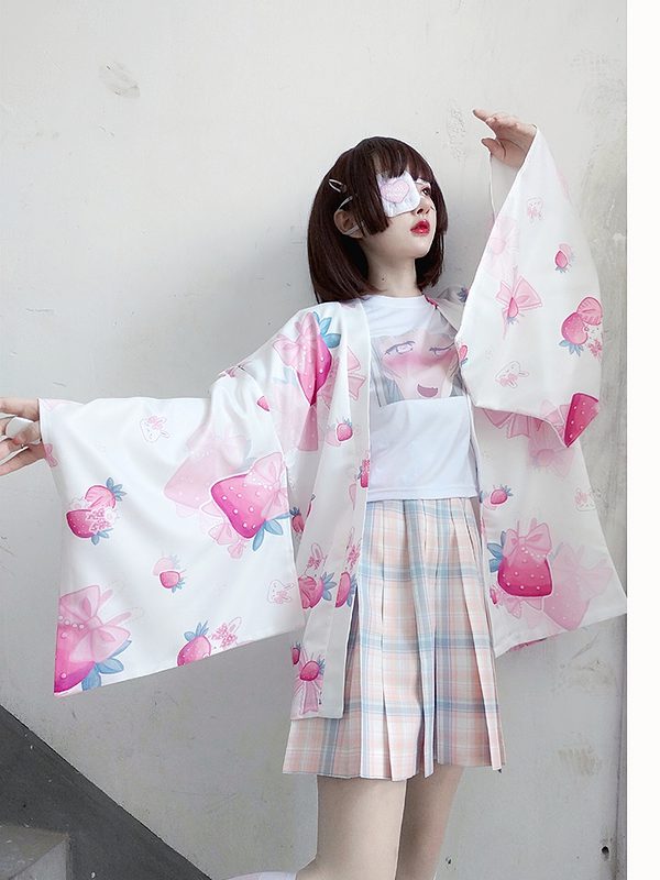 Strawberry Print Loose Cardigan Kimono Outerwear Japanese kawaii