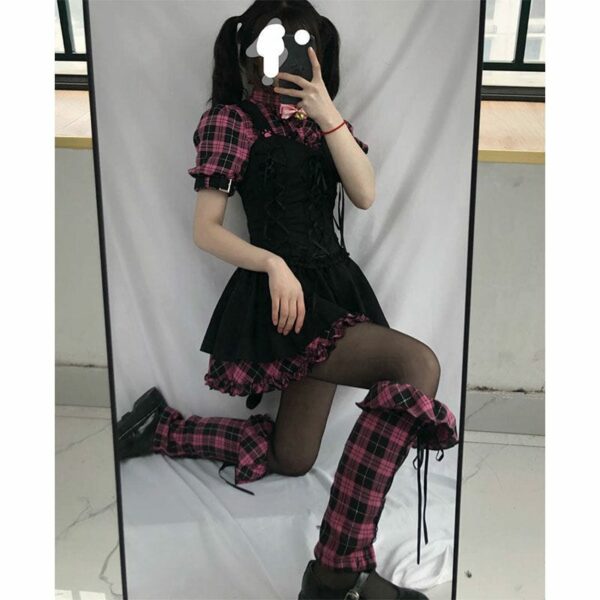 Lolita Pink Plaid Short Sleeve Strap Midi Dress Harajuku kawaii