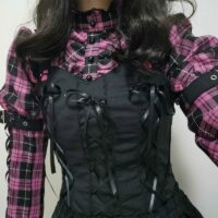 로리타 핑크 체크 무늬 반소매 스트랩 미디 드레스 하라주쿠 카와이