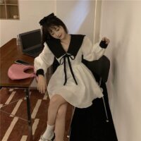 Mini-jurk met grote omslagkraag en strik 2-delig pak kawaii