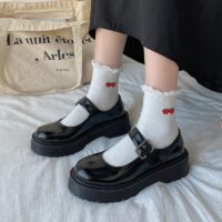 Sapatos de couro PU com bico redondo preto Lolita acadêmico Faculdade kawaii