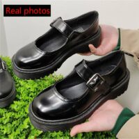 Zapatos académicos de cuero sintético con punta redonda y color negro de Lolita Universidad kawaii