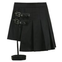 Asymetryczna plisowana spódnica z paskami po bokach Czarna spódnica kawaii