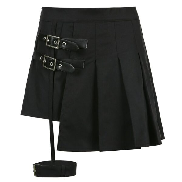 Side Belts Asymmetric Pleated Skirt Black Skirt kawaii