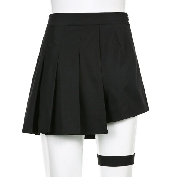 Side Belts Asymmetric Pleated Skirt Black Skirt kawaii