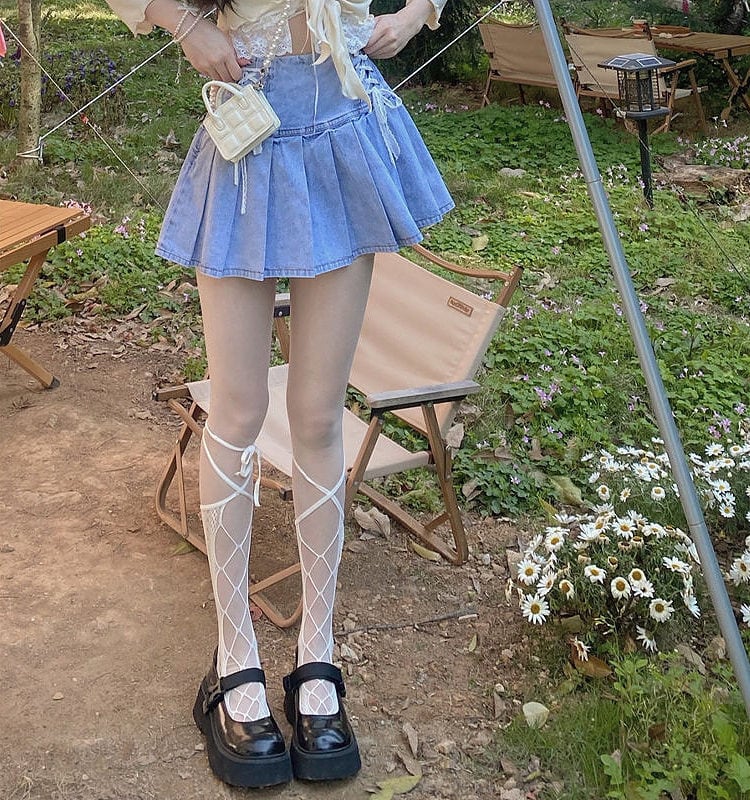 Kawaii High Waist Mini Denim Pleated Skirt Kawaii Fashion Shop Cute