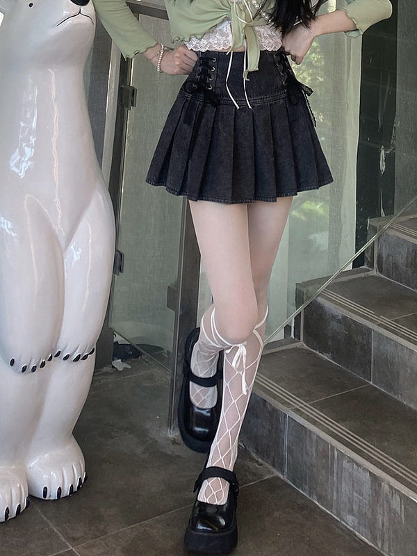 Kawaii High Waist Mini Denim Pleated Skirt A-line Skirt kawaii