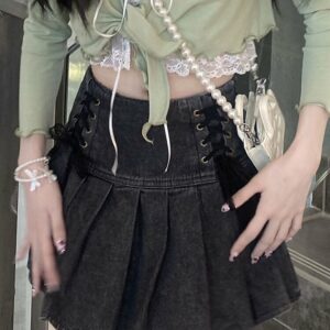 Kawaii High Waist Mini Denim Pleated Skirt A-line Skirt kawaii