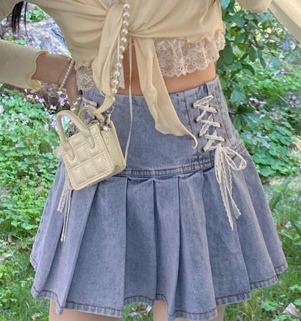 Kawaii High Waist Mini Denim Plisserad kjol A-line kjol kawaii