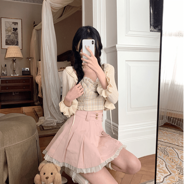 Kawaii Pink Lace Pleated Skirt A-line Skirt kawaii