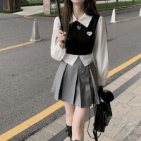 한국 패션 프레피 스타일 니트 블라우스 크롭탑 카와이
