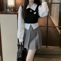 Korean Fashion Preppy Style Knitted Blouses Crop Tops kawaii