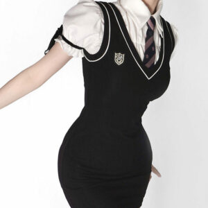 فستان سترة أسود على طراز Preppy الكوري كاواي كوري