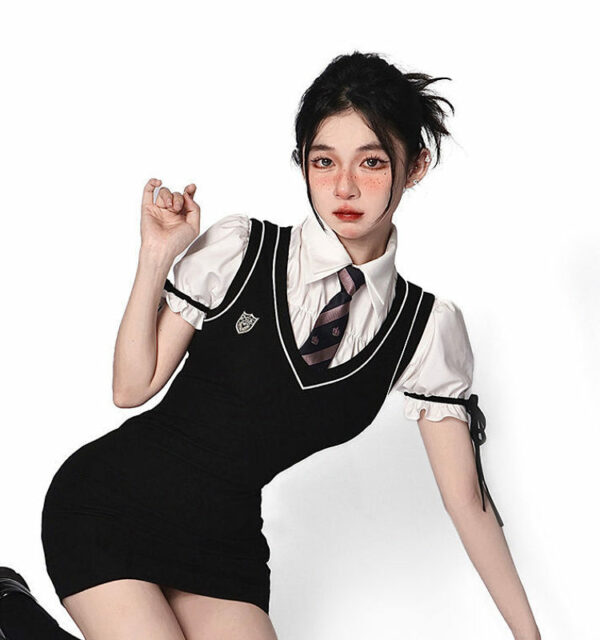 Koreansk Preppy Style svart västklänning Koreansk kawaii