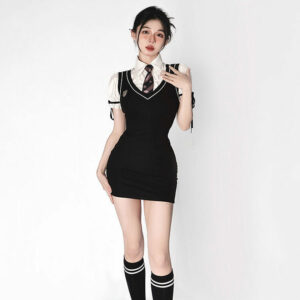 فستان سترة أسود على طراز Preppy الكوري كاواي كوري