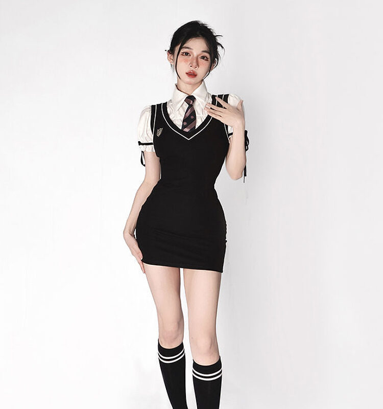 Korean Preppy Style Black Vest Dress Korean kawaii