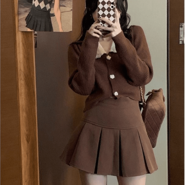 Y2K Vintage Brown Pleated Skirt Korean kawaii