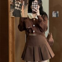 Y2K Vintage brun plisserad kjol Koreansk kawaii