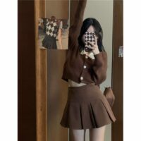 Y2K Винтажная коричневая плиссированная юбка корейский каваи
