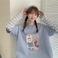 Camiseta de manga larga con estampado de conejo de dibujos animados de Harajuku Camisa femenina kawaii