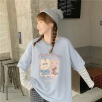 Harajuku tecknad kanintryck långärmad T-shirt Kvinnlig skjorta kawaii