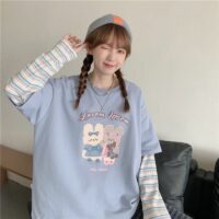 하라주쿠 카툰 토끼 프린트 긴팔 티셔츠 여성 셔츠 귀엽다