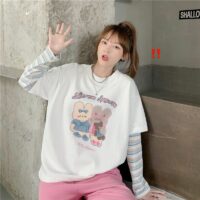 하라주쿠 카툰 토끼 프린트 긴팔 티셔츠 여성 셔츠 귀엽다