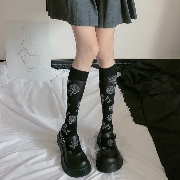 Lolita Roses Black Knee Long Socks Japanese kawaii