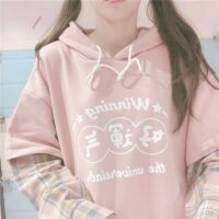 카와이 핑크 긴 소매 가짜 2피스 후드티 귀여운 옷 귀엽다
