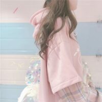 카와이 핑크 긴 소매 가짜 2피스 후드티 귀여운 옷 귀엽다