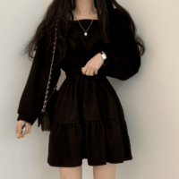 Vintage mini-jurken met vierkante kraag en lange mouwen Kawaii met lange mouwen