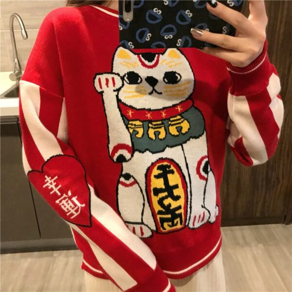 Kawaii Red Neko Lucky Cat Sweater Harajuku kawaii