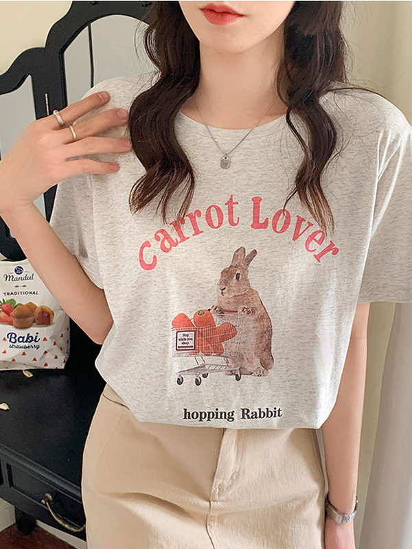 Kawaii Pink Cartoon Rabbit Print T-Shirt Cartoon kawaii