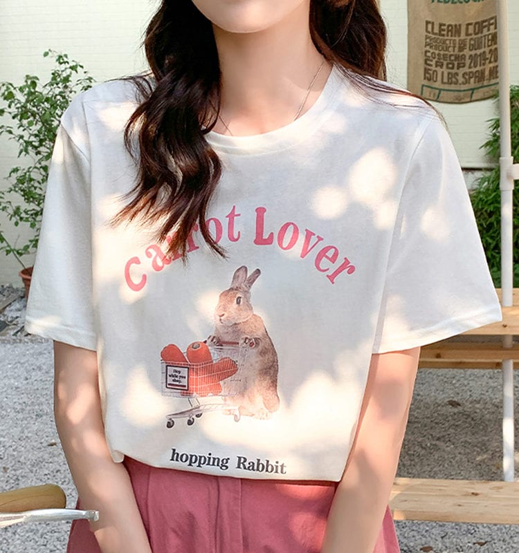 Kawaii Pink Cartoon Rabbit Print T-Shirt Cartoon kawaii