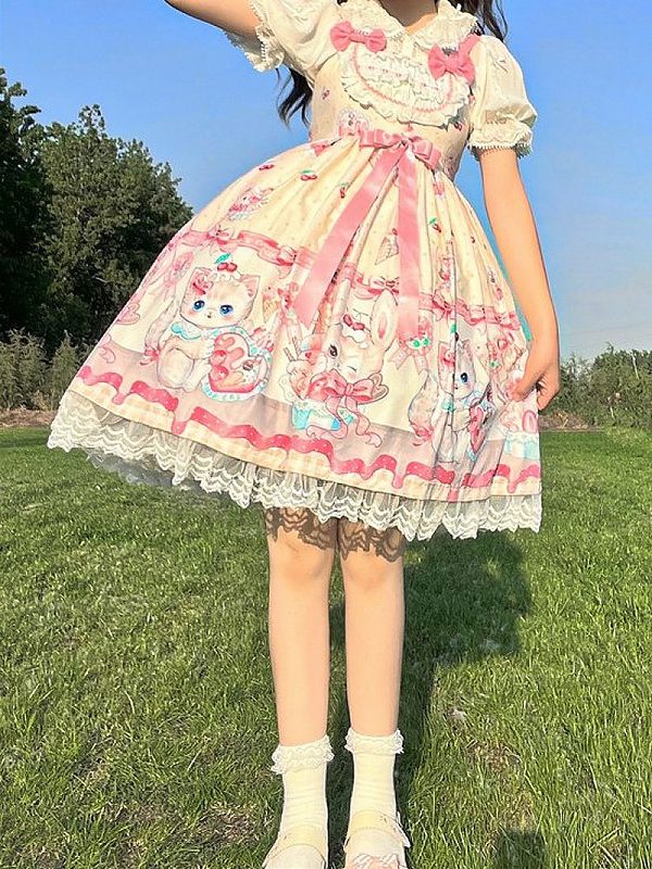 Kawaii Kitty Print knot Lolita JSK Dress bunny kawaii