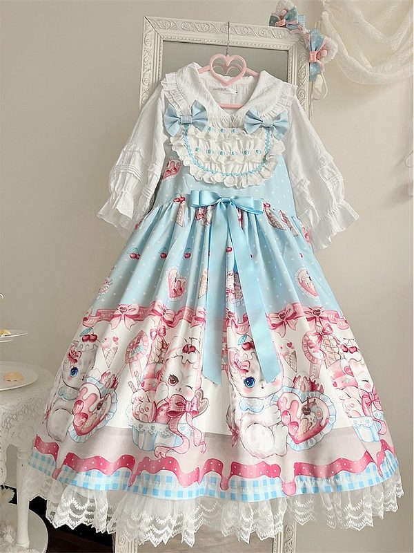 Kawaii Kitty Print knot Lolita JSK Dress bunny kawaii
