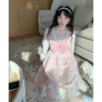 Vestido Kawaii Doce Rosa Xadrez Lolita Arco kawaii