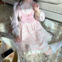 Kawaii süßes rosa kariertes Lolita-Kleid Schleife kawaii