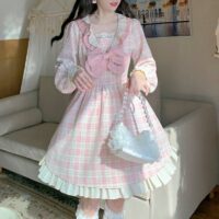 Kawaii zoete roze geruite Lolita-jurk Buig kawaii