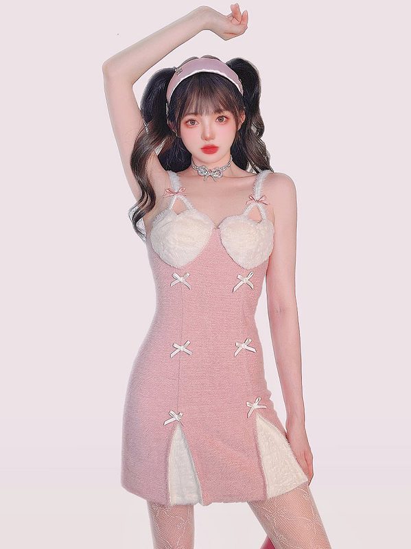 Kawaii Sweets Pink Heart Plush Mini Dress Bow kawaii