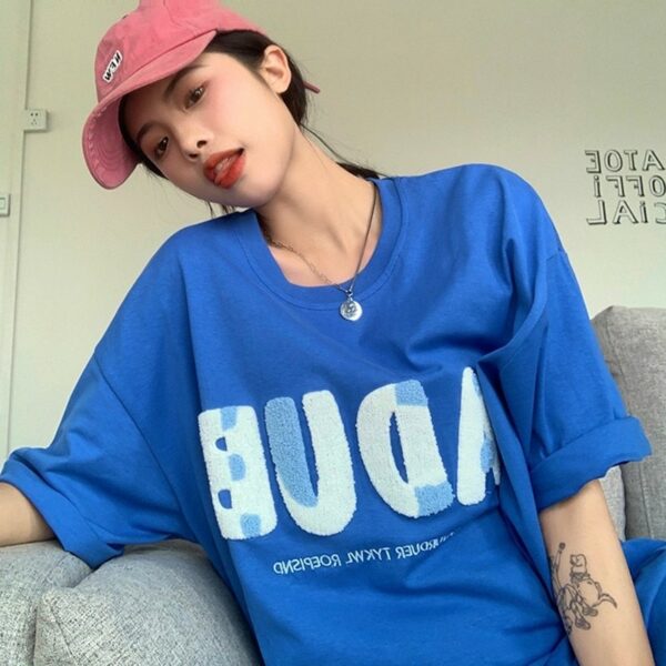 Simple Blue Towel Embroidered Letter T-shirt All-matched kawaii