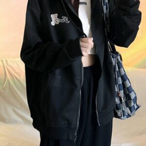 Original College Style Black Zipper Cardigan Jacket autumn kawaii