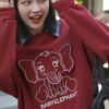 Korean College Style Red Elephant Embroidery Hoodie Elephant kawaii