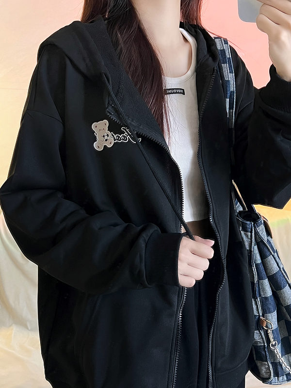 Original College Style Black Zipper Cardigan Jacket autumn kawaii