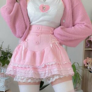 Kawaii Pink Corduroy Babydoll Skirt coquette aesthetic kawaii