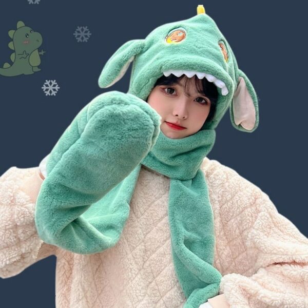 Kawaii Soft Girl Ears Move Plush Scarf Gloves Hooded Dinosaur kawaii