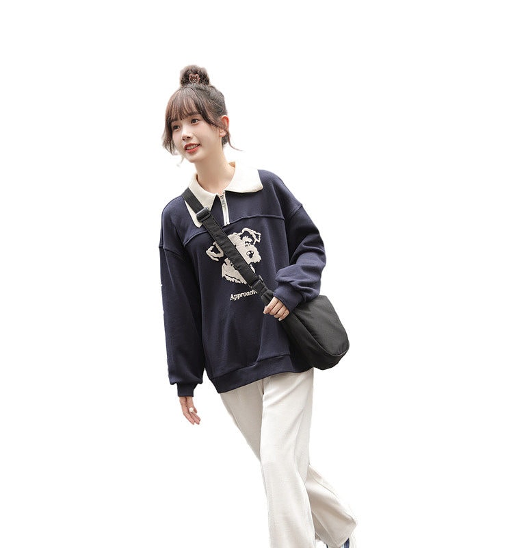 College Style Printed Polo Collar Hoodie autumn kawaii