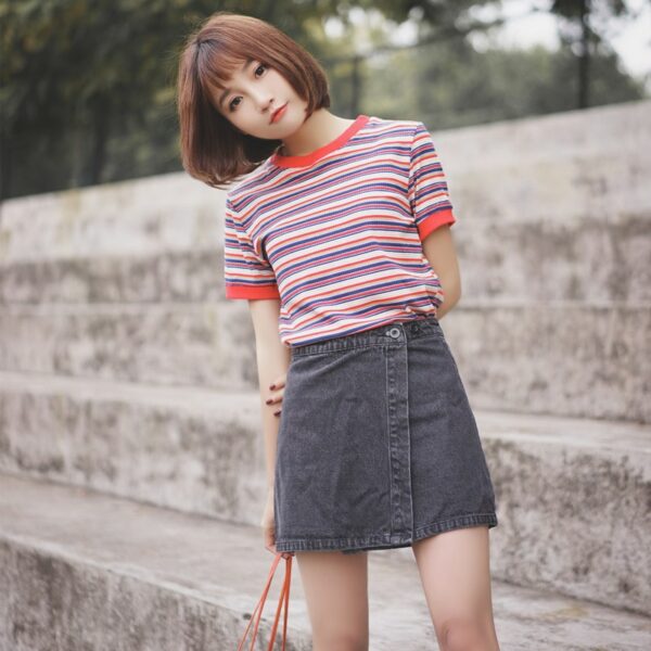 Fashion Collegiate Style Rainbow Striped T-shirt All-match kawaii